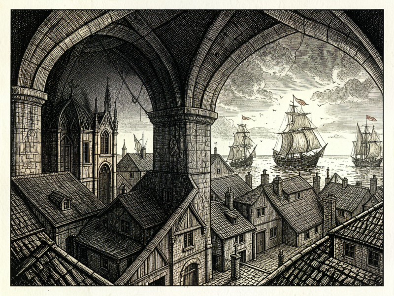 Ghostly Ships Over Sleeping Rooftops