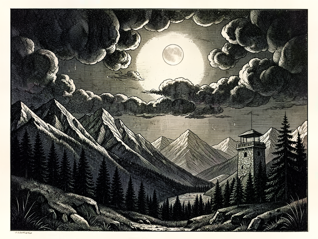 Celestial Reverie: The Moon's Spectral Gaze Over Scarlet Ridge