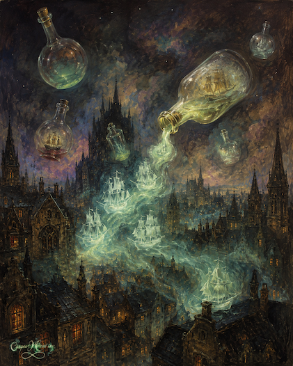 “Ghostly Ships Over Gothic City” by Caspar Moreau